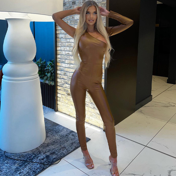 Sexy Off Shoulder One Sleeve Hollow out PU Leather Fashion Trend Bodysuit