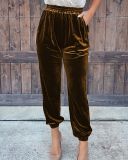 Gold velvet trousers straight trousers elastic waist casual pants