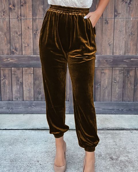 Gold velvet trousers straight trousers elastic waist casual pants