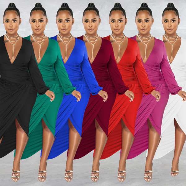 Fashion Women's Solid V-Neck Long Sleeve Dress Pleated Dress