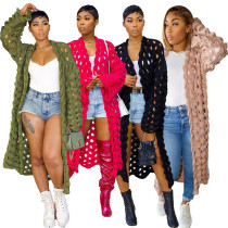 Women's autumn and winter knitting hook hollow long cardigan sweater