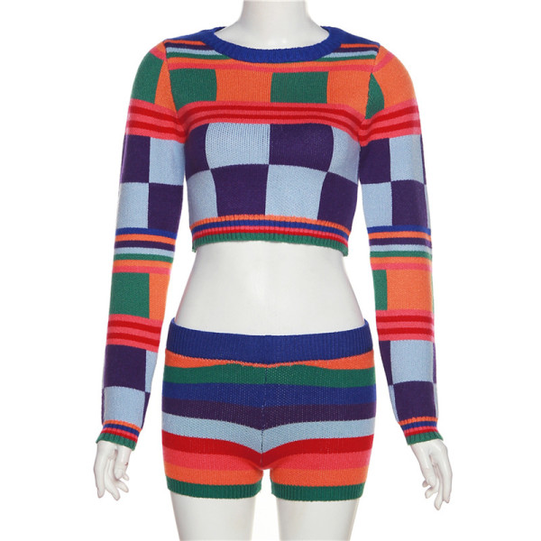 Shang Contrast Long Sleeve High Waist Slim Fit Shorts Knit Set