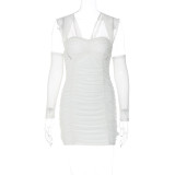 Slippery Shoulder Sleeves Breast Bandeau Pleated Sexy Short Hip Wrap Dress