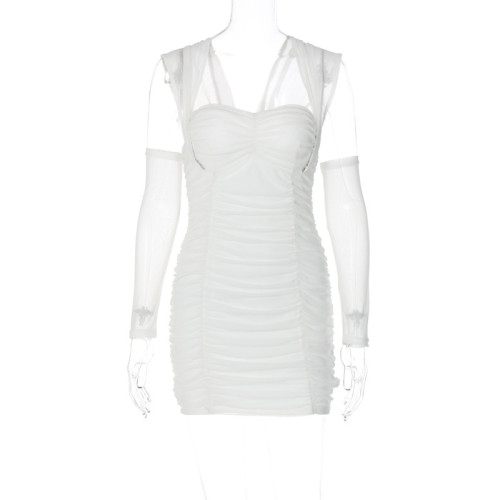 Slippery Shoulder Sleeves Breast Bandeau Pleated Sexy Short Hip Wrap Dress