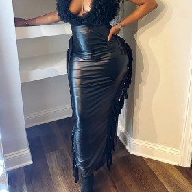 Fashion personality slit tassel high elastic leather skirt