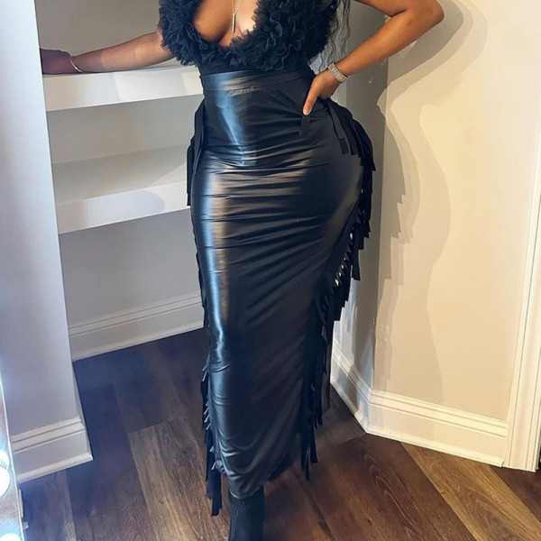 Fashion personality slit tassel high elastic leather skirt