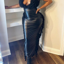 Fashion personality slit tassel high elastic leather skirt Fashion personality slit tassel high elastic leather skirt