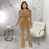 Women's sexy waist closing V-neck bubble sleeve bright knitting jumpsuit