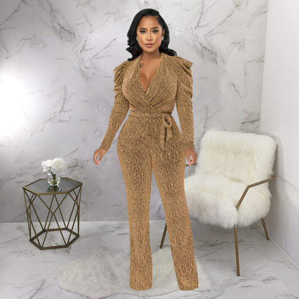 Women's sexy waist closing V-neck bubble sleeve bright knitting jumpsuit