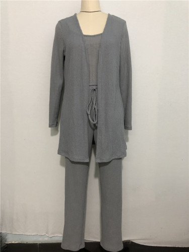 Household clothes Women's Waffle knitting suspender top trousers gown pajamas three piece suit