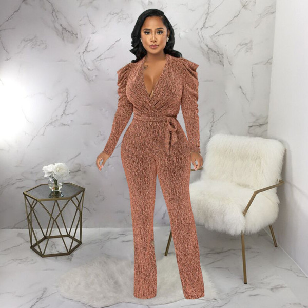 Women's sexy waist closing V-neck bubble sleeve bright knitting jumpsuit