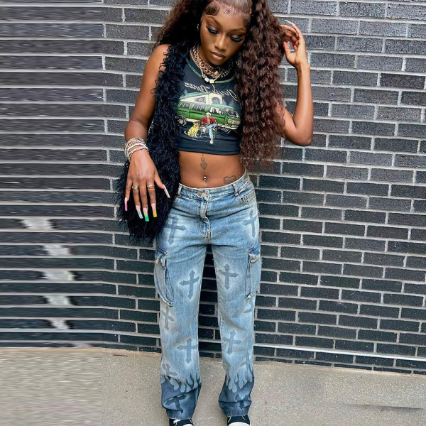 Sexy Multi Pocket Cross Glue Personalized Washing Jeans