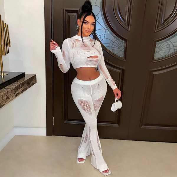 Fashion trendy sexy hollow hole long sleeve slim knit trousers suit