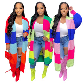 Women's casual color contrast cardigan hand knitted coat