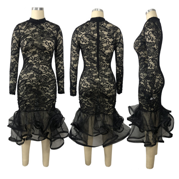 Women's Dress Hollow Lace Large Sexy Nightclub Dress