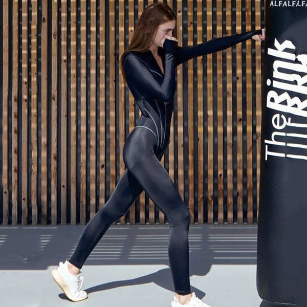 Women's sexy tight zipper jumpsuit long sleeve round neck leggings