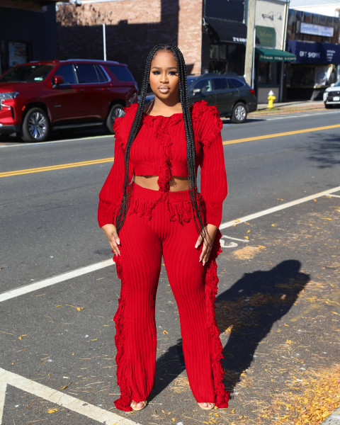 Women's casual solid color knitting long sleeve tassel suit women's sweater