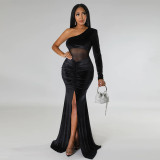 Women's slant neck pleated split solid fishtail dress
