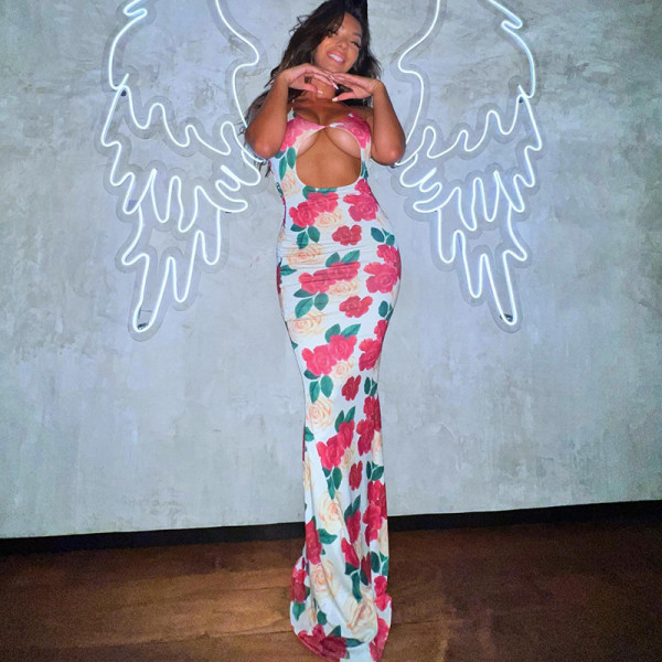 Floral printed wrap chest backless hollow sexy hot party dress