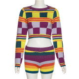 Shang Contrast Long Sleeve High Waist Slim Fit Shorts Knit Set