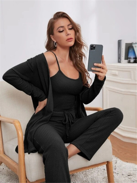 Household clothes Women's Waffle knitting suspender top trousers gown pajamas three piece suit