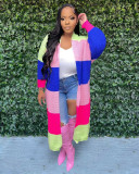 Women's casual color contrast cardigan hand knitted coat
