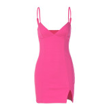 Fashion sexy V-neck backless suspender split dress