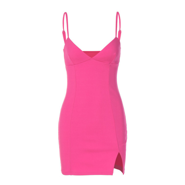 Fashion sexy V-neck backless suspender split dress
