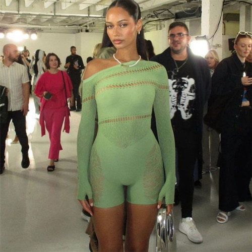 Fashion Diagonal Shoulder Jacquard Long Sleeve Mesh Tight Short Jumpsuit