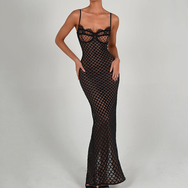 Sexy Sling Skirt Fashion Lace Backless Split Polka Point Dress