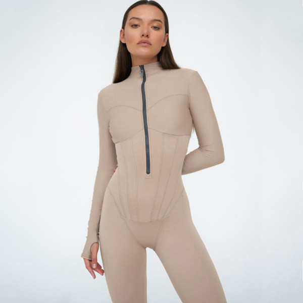 Women's sexy tight zipper jumpsuit long sleeve round neck leggings