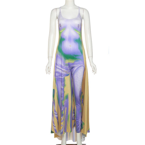 Fashion suspender backless 3D body print long dress