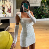 Slippery Shoulder Sleeves Breast Bandeau Pleated Sexy Short Hip Wrap Dress