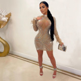 Fashion women's gauze perspective hot drilling bubble bead long sleeve feather dress