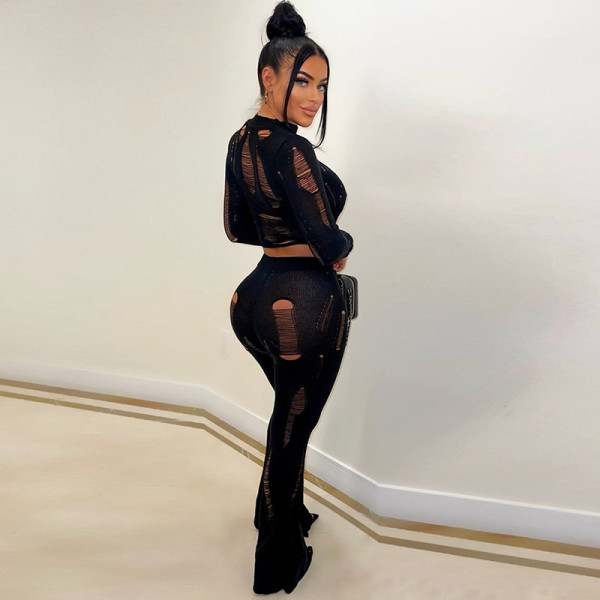 Fashion trendy sexy hollow hole long sleeve slim knit trousers suit