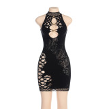 Round neck panel hollow sleeveless perspective slim dress