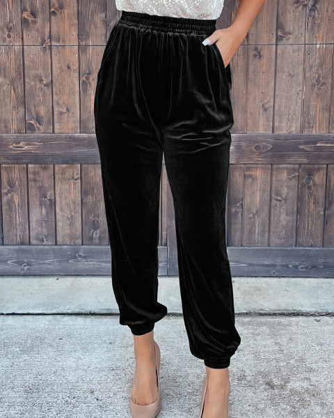 Gold velvet trousers straight trousers elastic waist casual pants