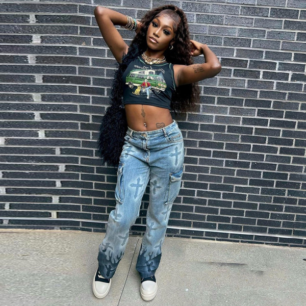 Sexy Multi Pocket Cross Glue Personalized Washing Jeans
