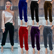 Gold velvet trousers straight trousers elastic waist casual pants