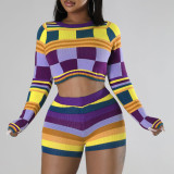 Shang Contrast Long Sleeve High Waist Slim Fit Shorts Knit Set