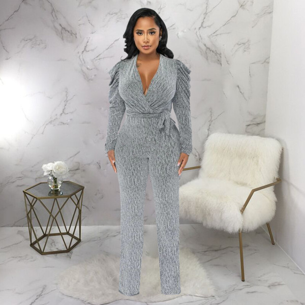 Women's sexy waist closing V-neck bubble sleeve bright knitting jumpsuit