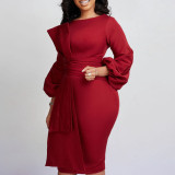 Solid color hip wrap professional OL temperament large dress