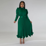 Women's Bubble Sleeve Top Ruffles Pleated Skirt Two Piece Set