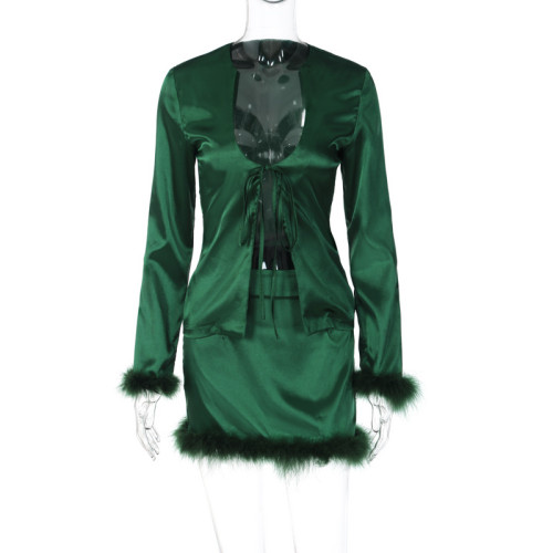 Fashion long sleeve U-neck tie T-shirt sexy slim skirt suit