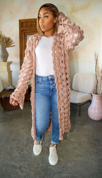 Women's autumn and winter knitting hook hollow long cardigan sweater