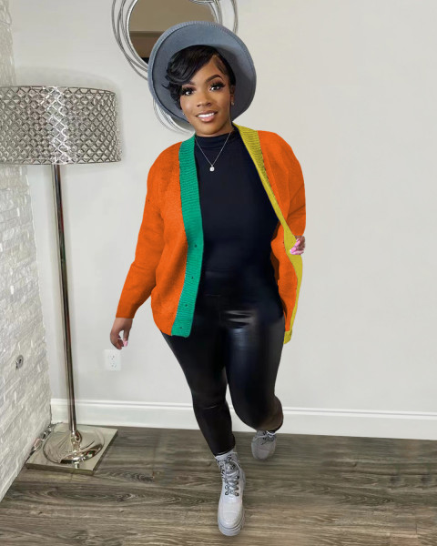 Women's casual color blocking short knitted cardigan coat