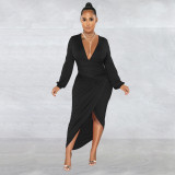 Fashion Women's Solid V-Neck Long Sleeve Dress Pleated Dress