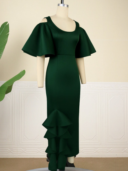 U-neck flare sleeve dress with low cut and high waist banquet dress