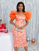 Oversize small design sleeve splicing printing buttocks skirt mid length party dress dress