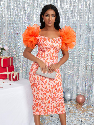 Oversize small design sleeve splicing printing buttocks skirt mid length party dress dress